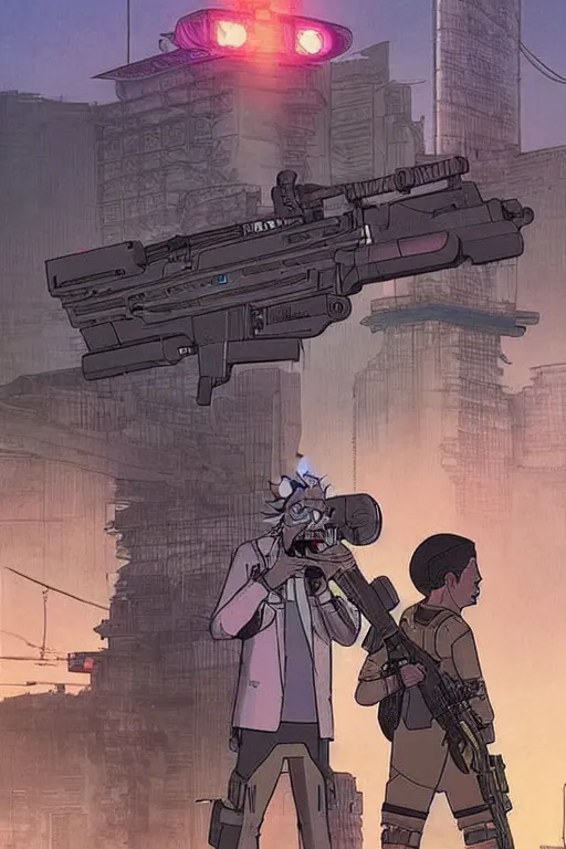 Prompt: Rick and morty. blackops mercenary in near future tactical gear, stealth suit, and cyberpunk headset. Blade Runner 2049. concept art by James Gurney and Mœbius.