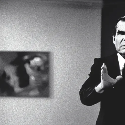 Image similar to a 1 9 7 0 s movie still of richard nixon trapped in a featureless white void room