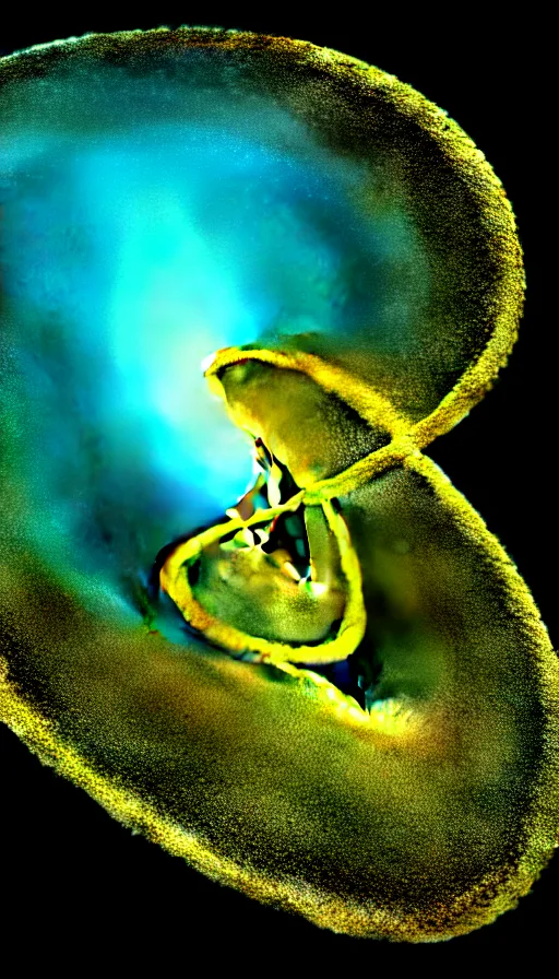 Prompt: 8 k uhd houdini recursive dna fractal structure, background smoke and bioluminescent swirling wisps, cream yellow blue gold palette, volumetric lighting, 1 8 mm lens