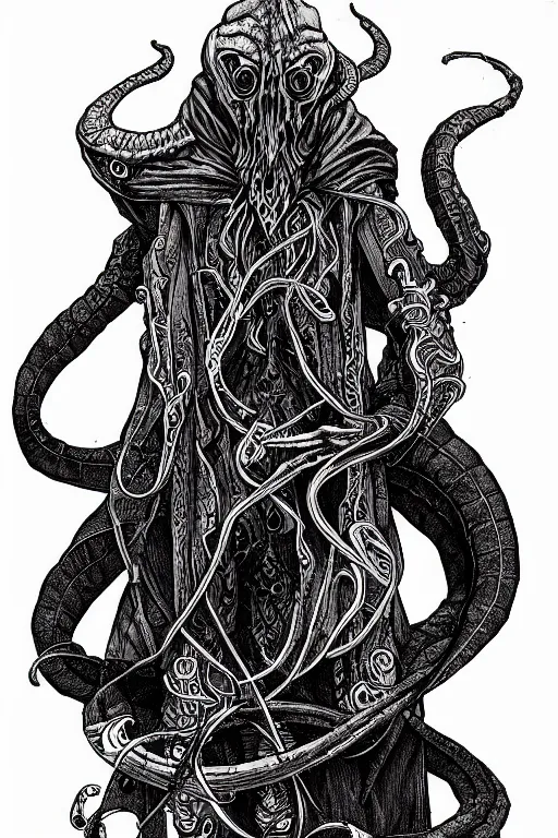 Image similar to illithid warlock, black ink on paper, trending on artstation, beautiful, intricate, detailed