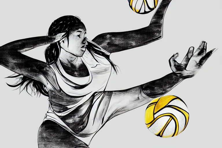 Image similar to beautiful serene volleyball player, healing through motion, life, minimalistic golden and ink airbrush painting on white background