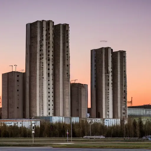 Prompt: a wide shot of a soviet beautiful brutalist monumental multi - building industrial complex, tall buildings with spaceship parking lots on top, with many rounded elements sprouting from the base tower creating a feel of an organic structure, photography shot at blue hour