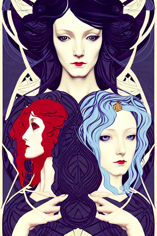 Prompt: a triad of winter muses, style blending æon flux, shepard fairey, botticelli, ivan bilibin, and john singer sargent, inspired by pre - raphaelites, shoujo manga, and harajuku fashion, stark landscape, muted dark colors, superfine inklines, ethereal, otherworldly, 4 k photorealistic, arnold render