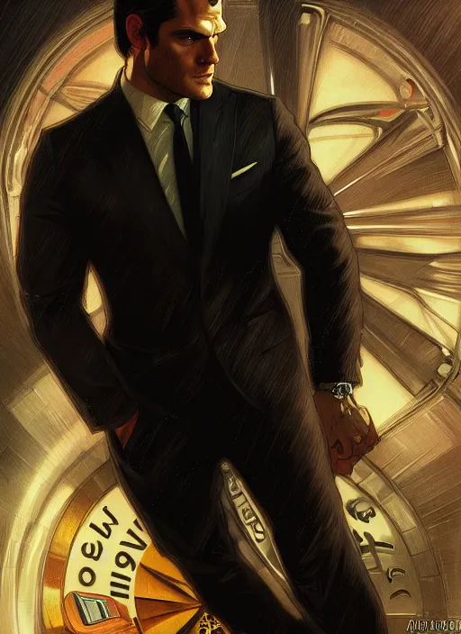 Image similar to portrait of henry cavill as james bond, casino, rain, aston martin, havana, highly detailed, digital painting, artstation, concept art, cinematic lighting, sharp focus, illustration, by gaston bussiere alphonse mucha