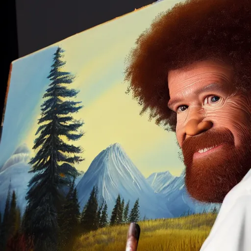 Image similar to a closeup photorealistic photograph of bob ross working on a canvas painting of elmo. film still. brightly lit scene. mountains and trees. this 4 k hd image is trending on artstation, featured on behance, well - rendered, extra crisp, features intricate detail, epic composition and the style of unreal engine.