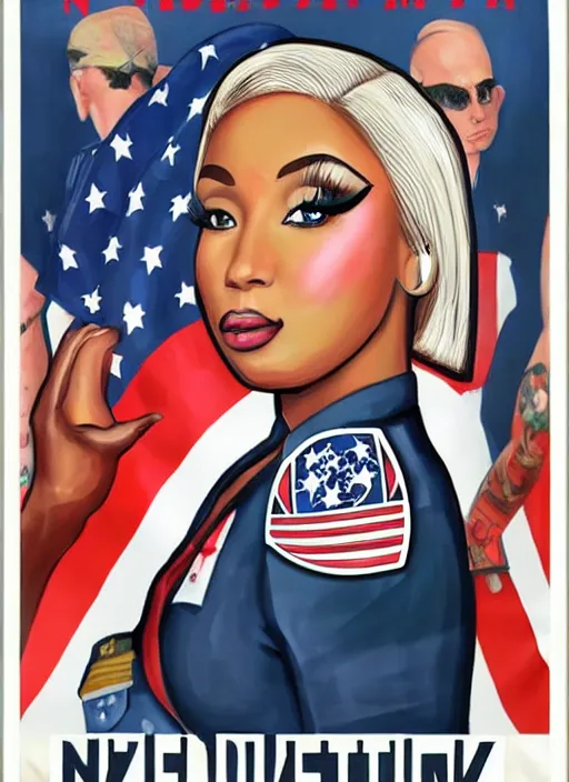 Prompt: pregnant nicki minaj in nazi uniform, president election usa propaganda poster, usa flags in the background, colored, artgerm, highly detailed