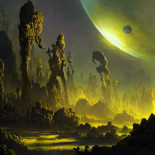 Image similar to an alien planet with eerily thin trees and yellow algae, sci fi concept art by tyler edlin, antoine blanchard, thomas cole