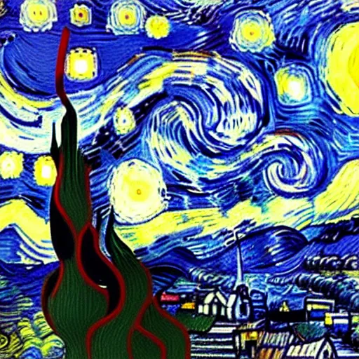 Image similar to golden retriever playing in vincent van gogh's starry night