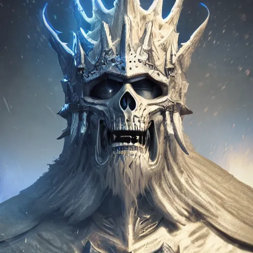 Image similar to the lich king in ark survival evolved, au naturel, hyper detailed, digital art, trending in artstation, cinematic lighting, studio quality, smooth render, unreal engine 5 rendered, octane rendered, art style by klimt and nixeu and ian sprigger and wlop and krenz cushart