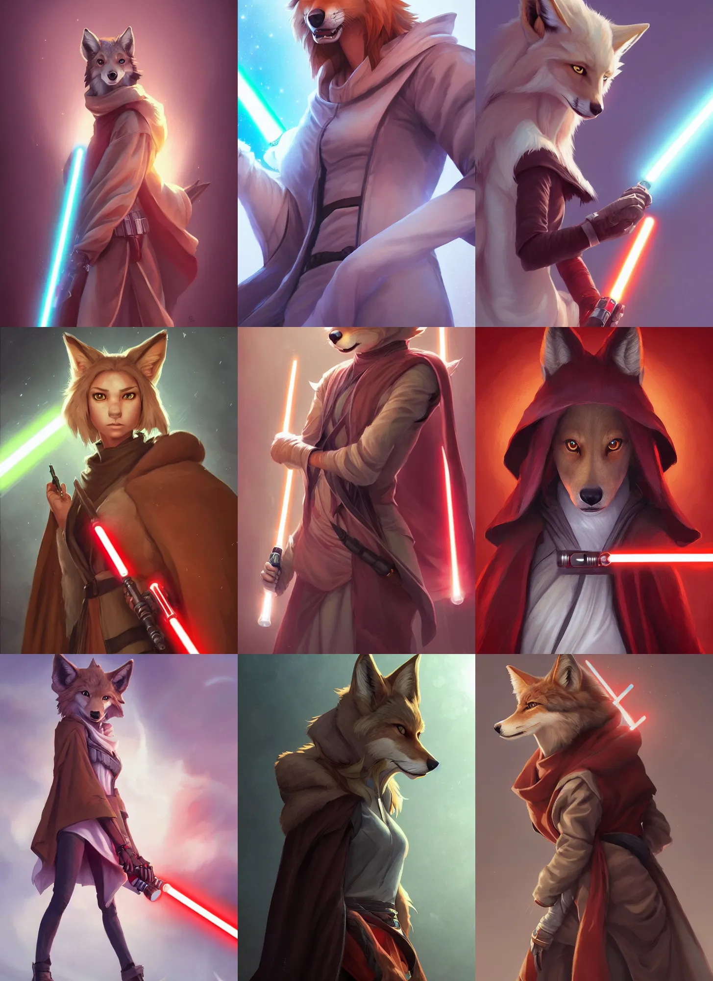 Prompt: beautiful portrait of a female anthropomorphic coyote fursona wearing jedi robes. red lightsaber. character design by charlie bowater, ross tran, artgerm, and makoto shinkai, detailed, soft lighting, rendered in octane