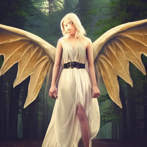 Image similar to very pretty blond female angel with huge dragon wings in a dark forest, perfect symmetrical face, shallow depth of field, moody lighting, single point of light, 8 k, cultural realistic, in the style of martina fackova,