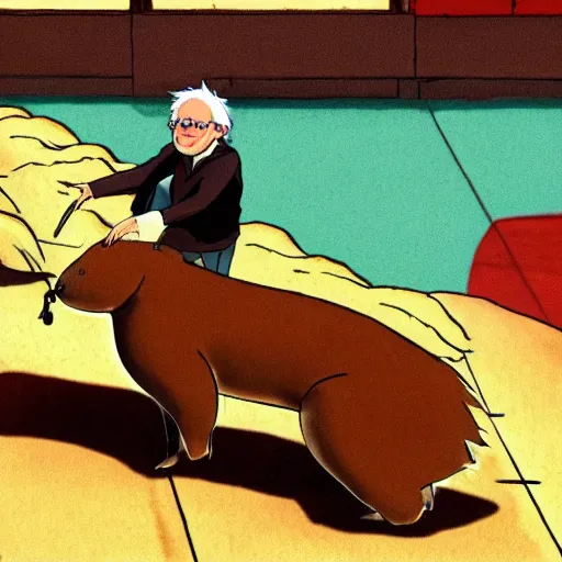 Image similar to Bernie Sanders riding a capybara anime