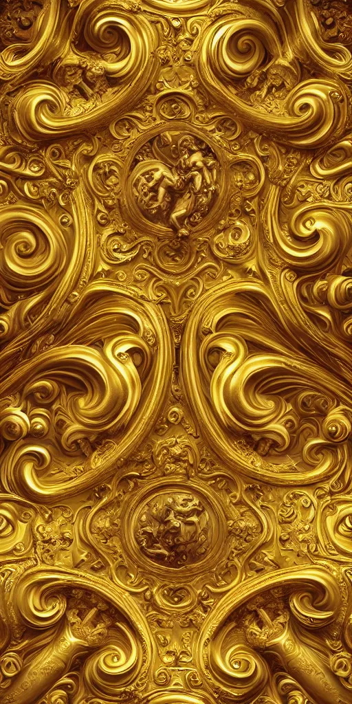 Image similar to the source of future growth dramatic, elaborate emotive Golden Baroque and Rococo styles to emphasise beauty as a transcendental, seamless pattern, symmetrical, large motifs, sistine chapel ceiling, 8k image, supersharp, spirals and swirls, Gold black and rainbow colors, perfect symmetry, 3D, no blur, sharp focus, photorealistic, insanely detailed and intricate, cinematic lighting, Octane render, epic scene, 8K