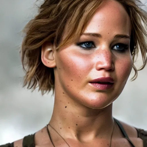 Image similar to first shot of jennifer lawrence in rambo remake, ( eos 5 ds r, iso 1 0 0, f / 8, 1 / 1 2 5, 8 4 mm, postprocessed, crisp face, facial features )