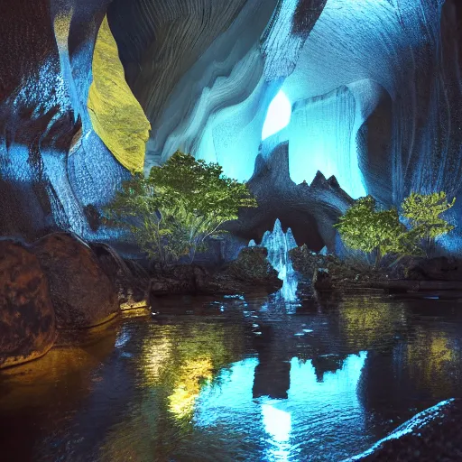 Prompt: light is mine to travel,beyond time ,the cathedrals in a underground vast cave canyon grotto, of life the beginning , geological strata,ground mist, falling water,deep clear pools of water,reflection,refraction, hyper-maximalist,micro details, 3d sculpture,,digital rendering,octane render , 4k, artstation, concept art ,amazing lighting, f42,deep depth of field,photographic, wide angle,cinematic lighting