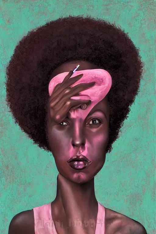 Image similar to A beautiful tall black woman with dark skin and a pink afro, looking at you from across the bar, holding a lit cigarette, digital art, oil painting, clean lines, drawn by H.R Giger