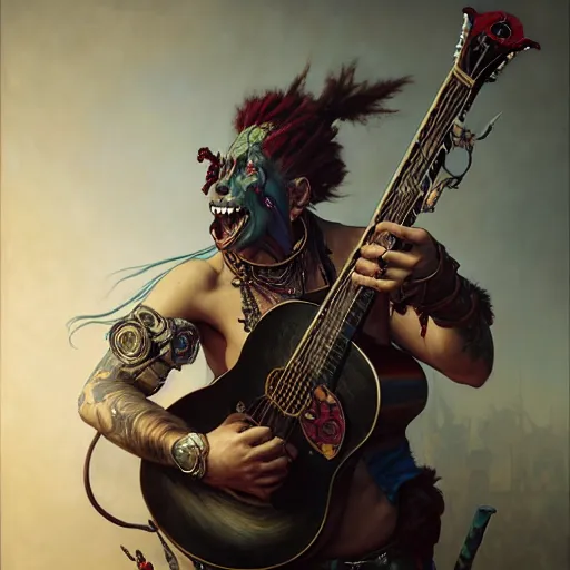 Image similar to portrait painting of a punk orc bard with a guitar, ultra realistic, concept art, intricate details, eerie, highly detailed, photorealistic, octane render, 8 k, unreal engine. art by artgerm and greg rutkowski and charlie bowater and magali villeneuve and alphonse mucha