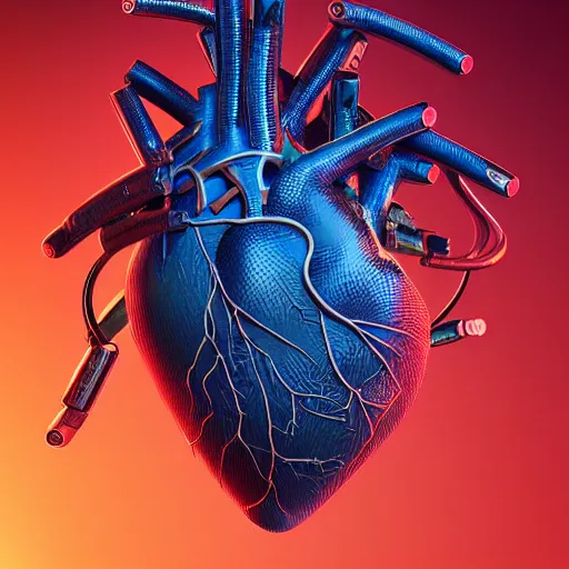 Image similar to a human heart, revealing wires and electronics, arteries, veins, human heart, anatomy, sci - fi, missing panels, intricate abstract upper body intricate artwork, concept art, octane render, deviantart, cinematic, key art, hyperrealism, iridescent accents, portrait photograph, nikon 3 5 mm, photograph by greg rutkowski