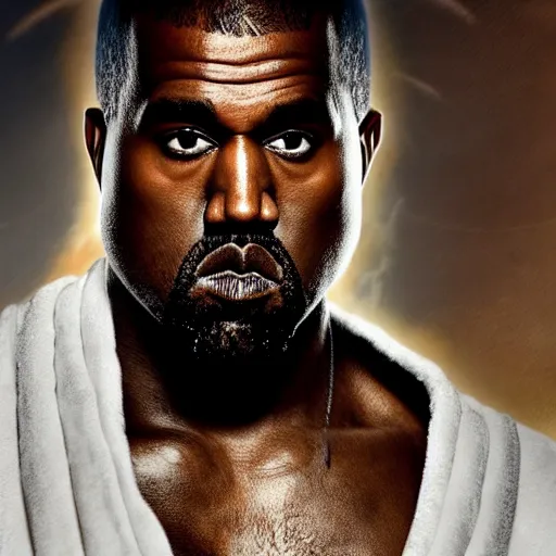 Image similar to kanye west as zeus!!!, god of thunder, greek god, white robe, thunderbolt, in mortal kombat, gears of war, mythology, fantasy, detailed face, splash art, movie still, cinematic lighting, dramatic, octane render, long lens, shallow depth of field, bokeh, anamorphic lens flare, 8 k, hyper detailed, 3 5 mm film grain