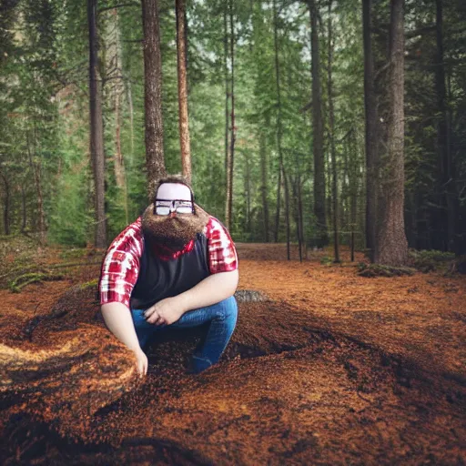 Prompt: photograph of 25 year old slightly overweight white man with glasses and brown beard wearing a red plaid shirt diving into a gigantic coffee mug, forest background, DSLR Photography