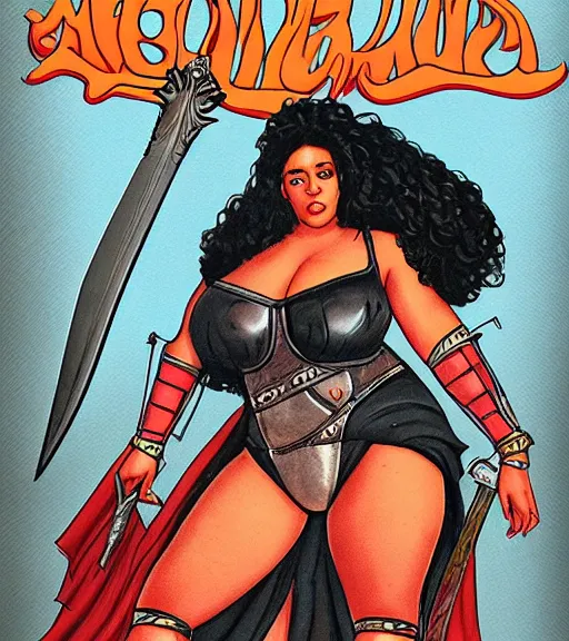 Image similar to 1 9 8 0 s fantasy novel book cover, bbw plus size amazonian doja cat in extremely tight bikini armor wielding a cartoonishly large sword, exaggerated body features, dark and smoky background, low quality print