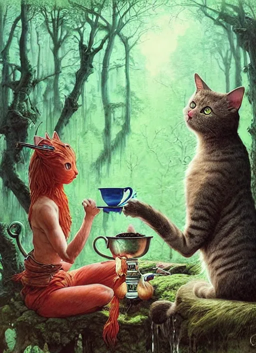 Image similar to cat having tea with a sorceress at a shrine in the woods by a stream, river gorgeous lighting, lush forest foliage blue sky a hyper realistic painting by chiara bautista and beksinski and norman rockwell and greg rutkowski weta studio, and lucasfilm