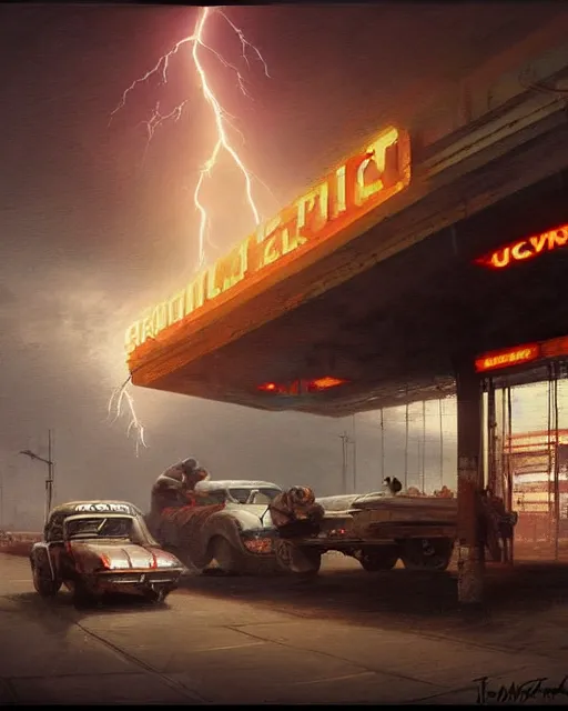 Image similar to a highly detailed epic cinematic concept art CG render digital painting artwork: Soviet gas station, lightning storm. By Greg Rutkowski, in the style of Francis Bacon and Syd Mead and Norman Rockwell and Beksinski, open ceiling, highly detailed, painted by Francis Bacon and Edward Hopper, painted by James Gilleard, surrealism, airbrush, Ilya Kuvshinov, WLOP, Stanley Artgerm, very coherent, triadic color scheme, art by Takato Yamamoto and James Jean