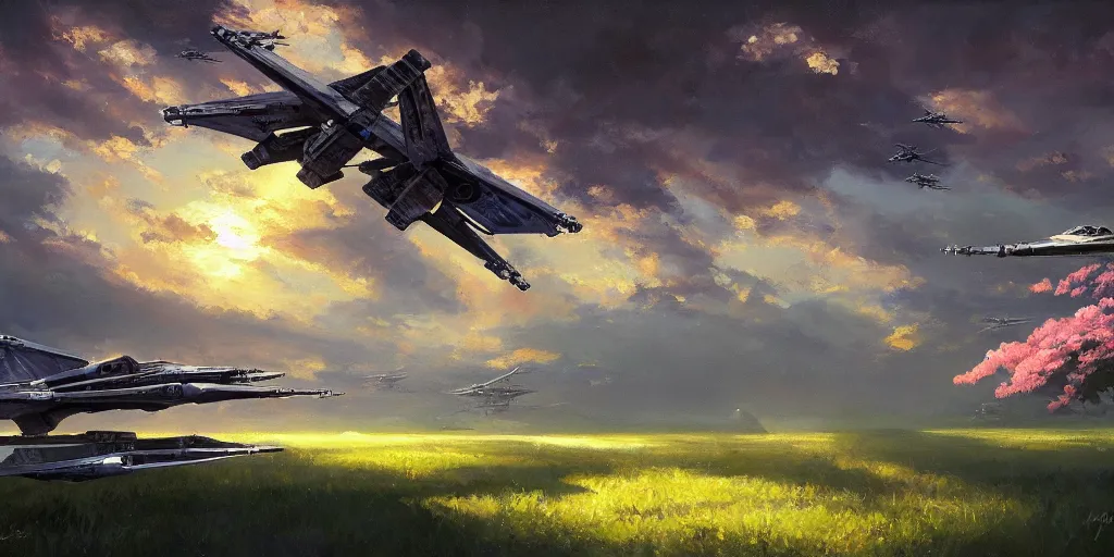 Image similar to an extraordinarily beautiful oil painting of an x - wing fighter in a landscape in spring during sunrise ; lush vegetation ; the most beautiful painting in the world ; by makoto shinkai and craig mullins