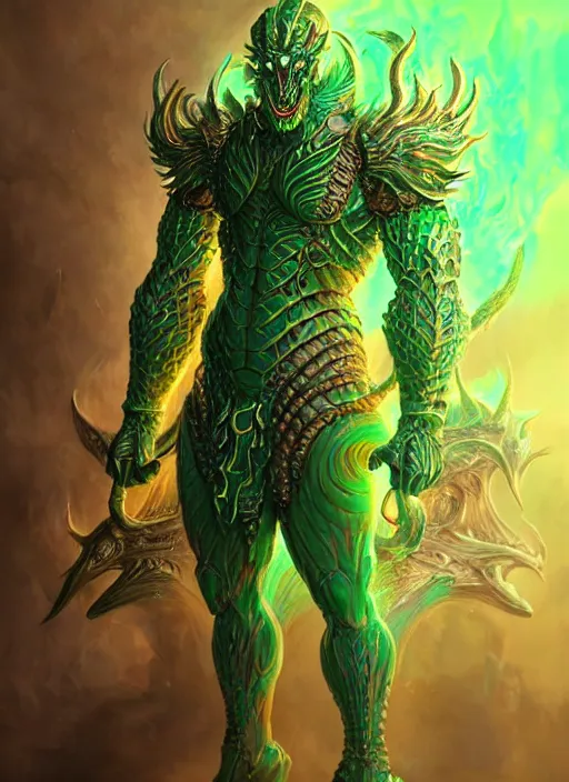 Image similar to muscular and tall green ghostly fire humanoid dragon!!!! draconian!! intricate ornate iridescent heavy armor!! character concept art, sharp focus, octane render! unreal engine 5! highly rendered!! trending on artstation!! detailed linework!! illustration by artgerm, wlop, and chie yoshii