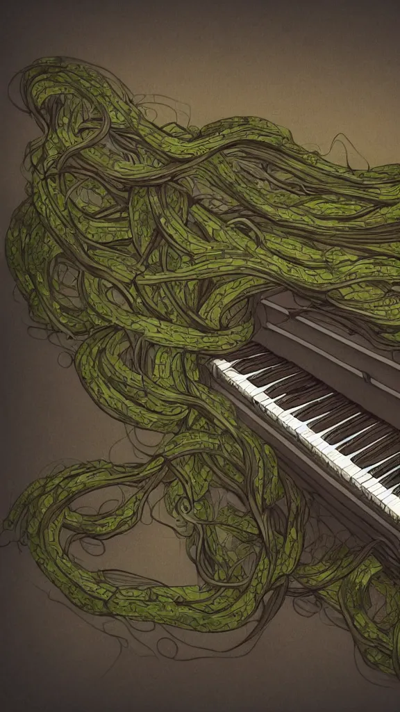 Image similar to a piano with long thick vines wrapping around it, fantasy art, art station, grey background, the piano is in the center