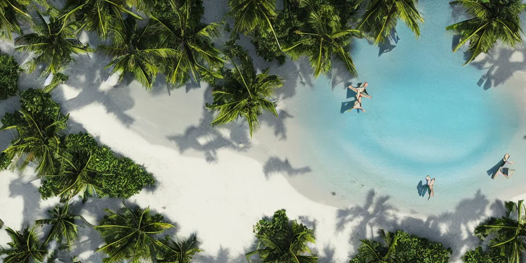 Prompt: Men in suits on the beach on a deserted tropical island, The whole island is visible and is surrounded by water, ultra realistic, high detail, 4k, trending on artstation