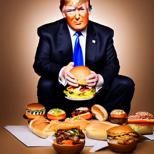 Image similar to donald trump eating an entire bowl filled with burgers, studio portrait photo, studio lighting, key light, food photography