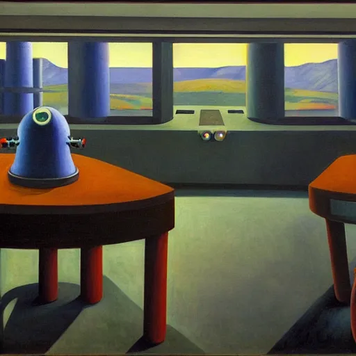 Image similar to robot overlords, spaceship bridge interior, view of earth, blue and gray, pj crook, edward hopper, oil on canvas