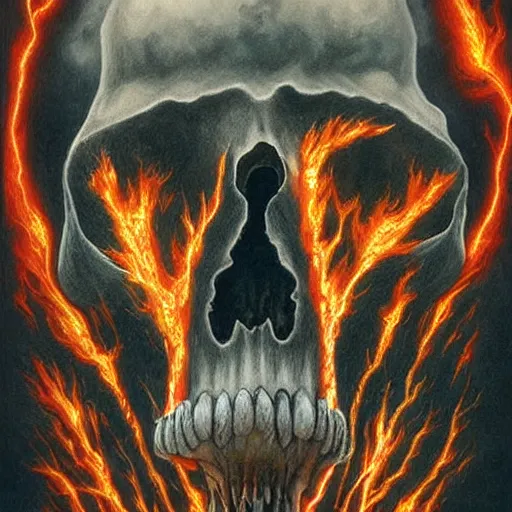 Image similar to an active supervolcano exploding with fire and thick smoke in the shape of a demonic skull by dan seagrave art