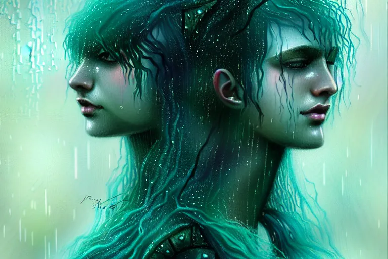 Prompt: girl in rain with wet hair and face, teal, fantasy, intricate, elegant, dramatic lighting, emotionally evoking symbolic metaphor, highly detailed, lifelike, photorealistic, digital painting, artstation, concept art, smooth, sharp focus, illustration, art by John Collier and Albert Aublet and Krenz Cushart and Artem Demura and Alphonse Mucha