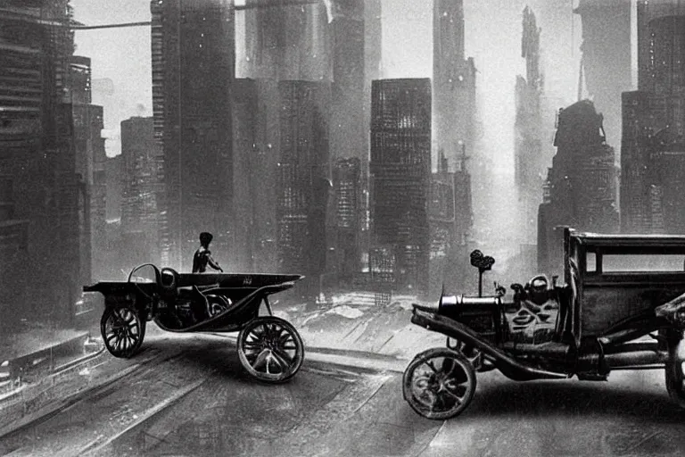 Image similar to cyberpunk 1 9 0 8 model ford t by paul lehr, metropolis, view over city, vintage film photo, scratched photo, scanned in, old photobook, silent movie, black and white photo