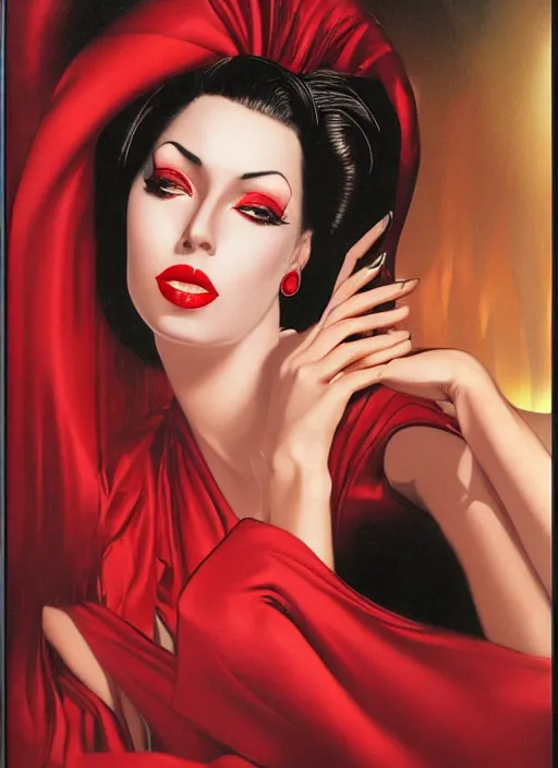 Image similar to an 8 0 s portrait of a woman with dark eye - shadow and red lips with dark slicked back hair dreaming acid - fueled hallucinations by serge lutens, rolf armstrong, delphin enjolras, peter elson, red cloth background