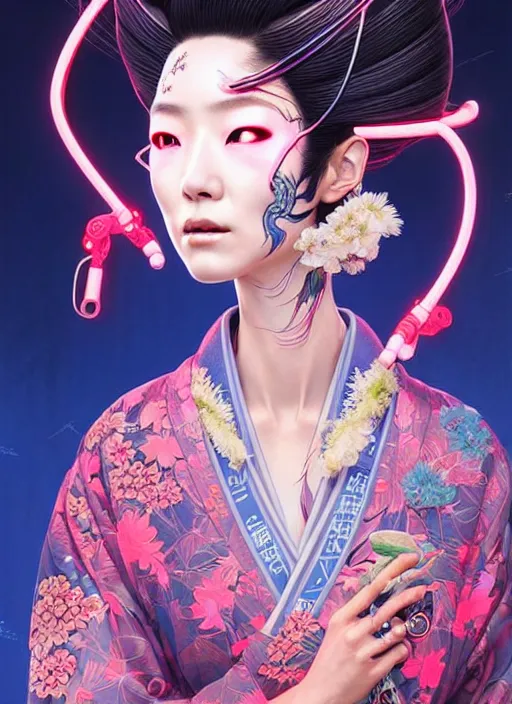 Prompt: portrait illustration of female japanese humannoid wearing a vr eyewear and very detailed and intricate geisha kimono dress, intricate detail, cyber neon lighting, highly detailed, artstation, glamor pose, concept art, art by peter mohrbacher and boris vallejo and liam wong, pinterest, artstation, digital painting,