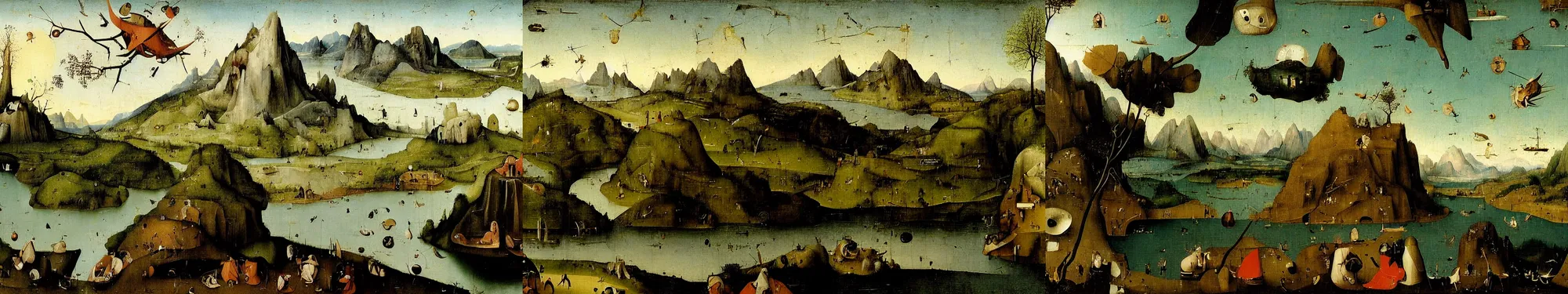 Prompt: lakeside mountains, by hieronymus bosch