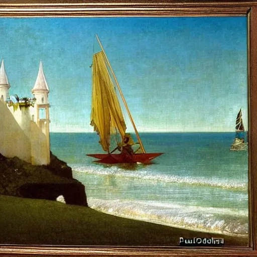 Image similar to The beach castle, sail boat on the background, major arcana palace occult, by paul delaroche, alphonse mucha and arnold böcklin arnold böcklin hyperrealistic 8k, very detailed