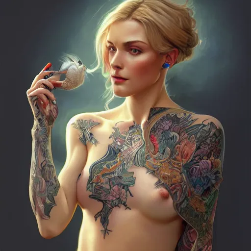 Image similar to ultra realistic illustration, a hot and beautiful tattooed blonde slavic woman in her 3 0's, intricate, elegant, highly detailed, digital painting, artstation, concept art, smooth, sharp focus, illustration, art by artgerm and greg rutkowski and alphonse mucha