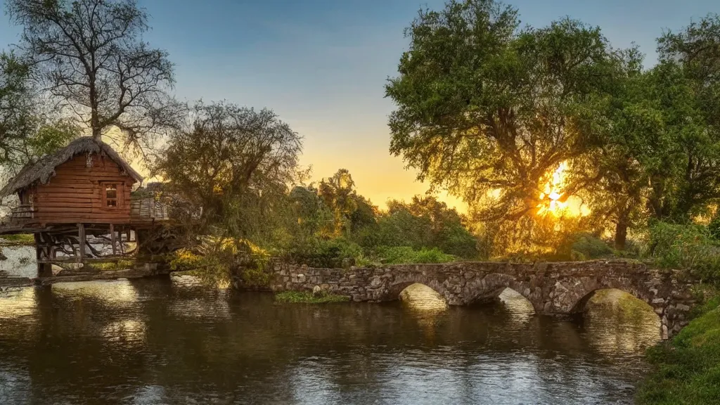 Image similar to small wooden cottage by the river, a tree with vines wrapped around it, two crows on the tree, tranquility, arch stone bridge over the river, an old man riding a horse on the bridge, sunset