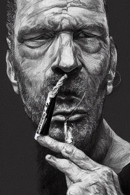 Image similar to hyperdetailed portrait of a man smoking a cigarette, by nicholas delort, artstation, smooth, graphic black and white. intricate, elegant, central composition, golden ratio,