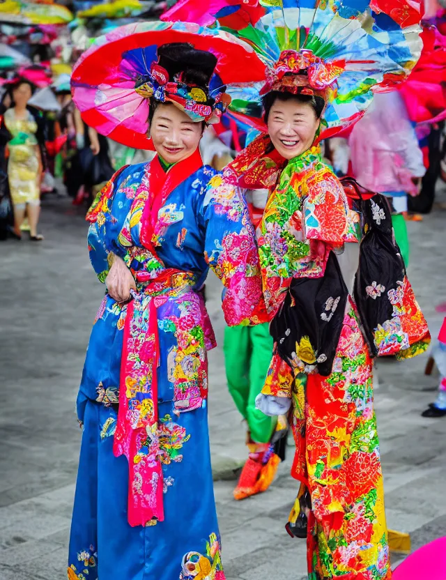 Prompt: two colorful women in taiwan during a festival by hisaji hara