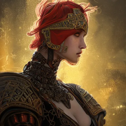 Image similar to portrait knights of Zodiac girl, metallic black and reddish color reflected armor, in ruined Agora of Athens, ssci-fi, fantasy, intricate, very very beautiful, elegant, golden light, highly detailed, digital painting, artstation, concept art, smooth, sharp focus, illustration, art by tian zi and WLOP and alphonse mucha