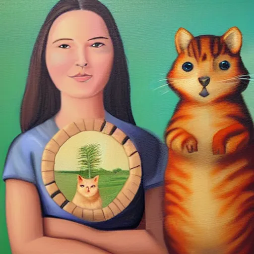 Prompt: portrait painting of cat and quokka in the style of grant wood