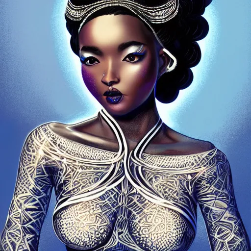 Prompt: full-length portrait pose of a beautiful black woman, dark blue patterned white gown, elf, casting glowing threads of magic, concept art, intricate, highly detailed, digital art, illustration, trending on artstation, art by Artgerm and Justin Ong