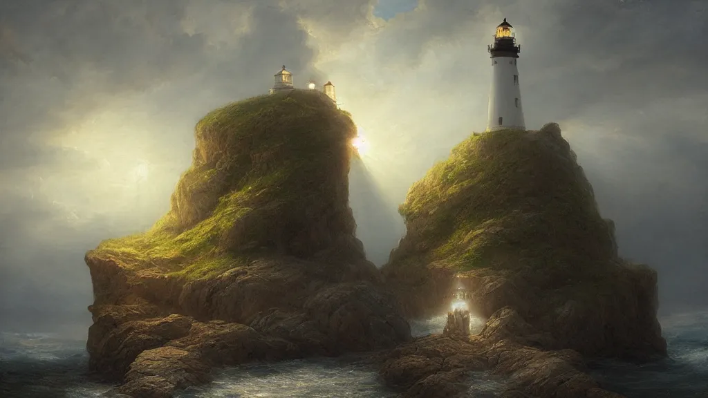 Image similar to lighthouse in the cave, andreas achenbach, artgerm, mikko lagerstedt, zack snyder, tokujin yoshioka