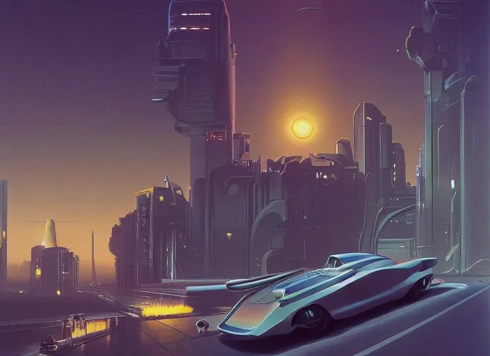 Image similar to a car driving down a street next to building the night, cyberpunk art by Chesley Bonestell, cgsociety, retrofuturism, matte painting, reimagined by industrial light and magic