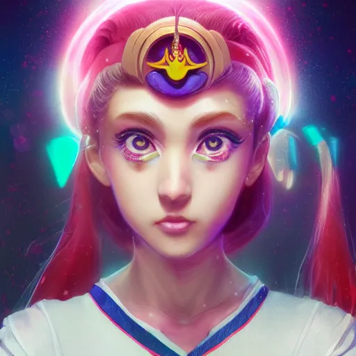 Image similar to A portrait of Sailor Moon, huggy wuggy from poppy playtime video game, fullbody, ultra high detailed, glowing lights, oil painting, Greg Rutkowski, Charlie Bowater, Beeple, unreal 5, DAZ, hyperrealistic, symmetrical, biology, octane render, RPG portrait, dynamic lighting, fantasy art, beautiful face